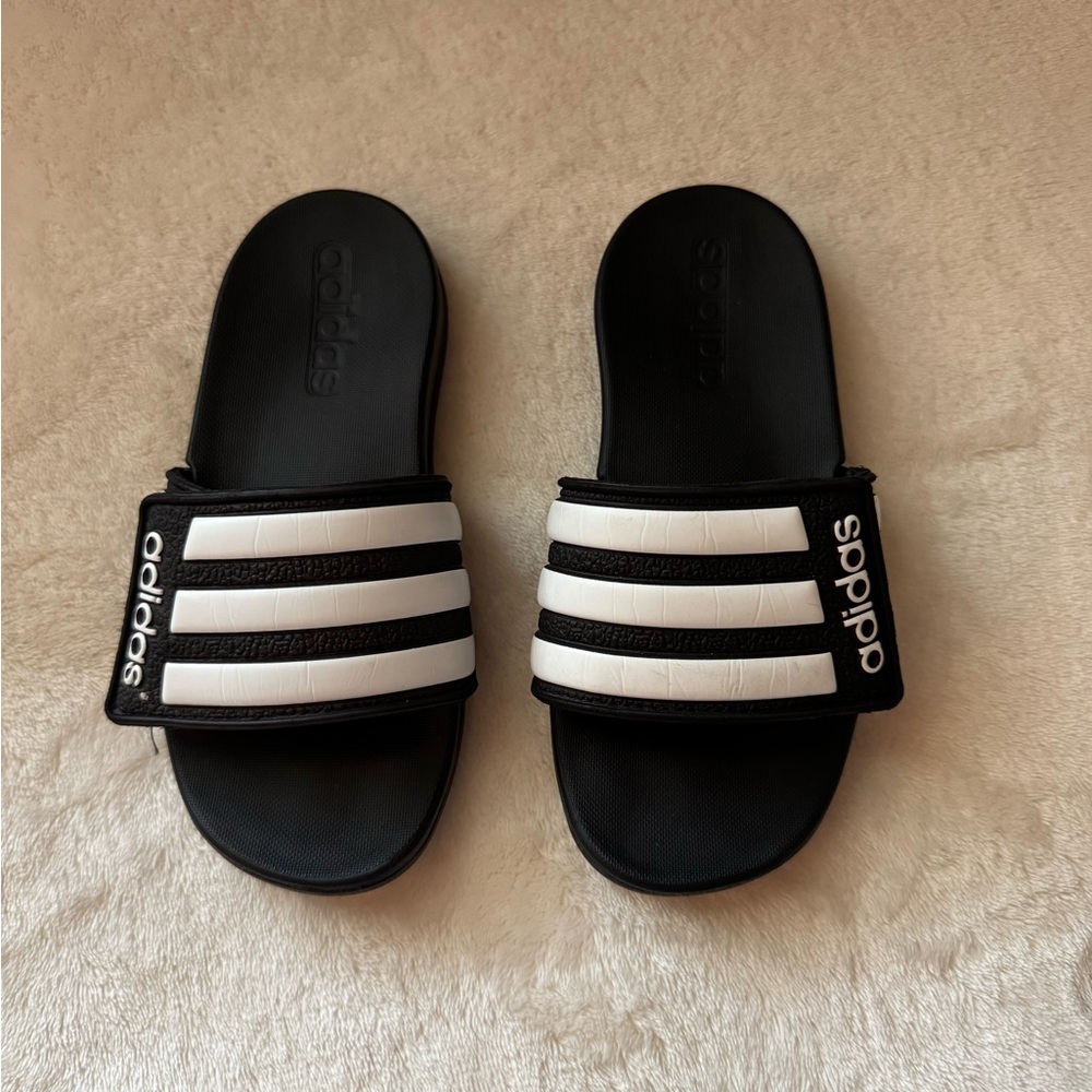Kids Adidas Black and White Striped Slides